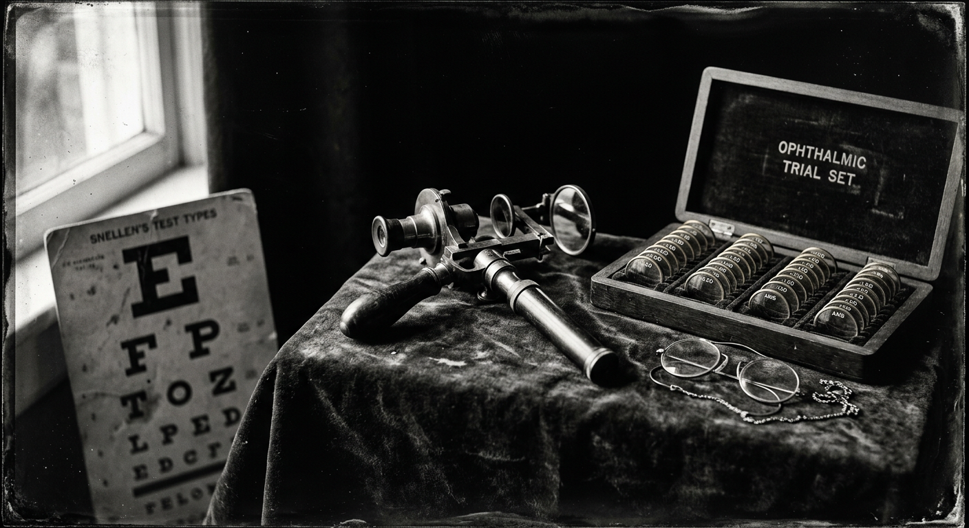 Antique ophthalmic instruments: an ophthalmoscope, trial lenses and a pince-nez on dark velvet.