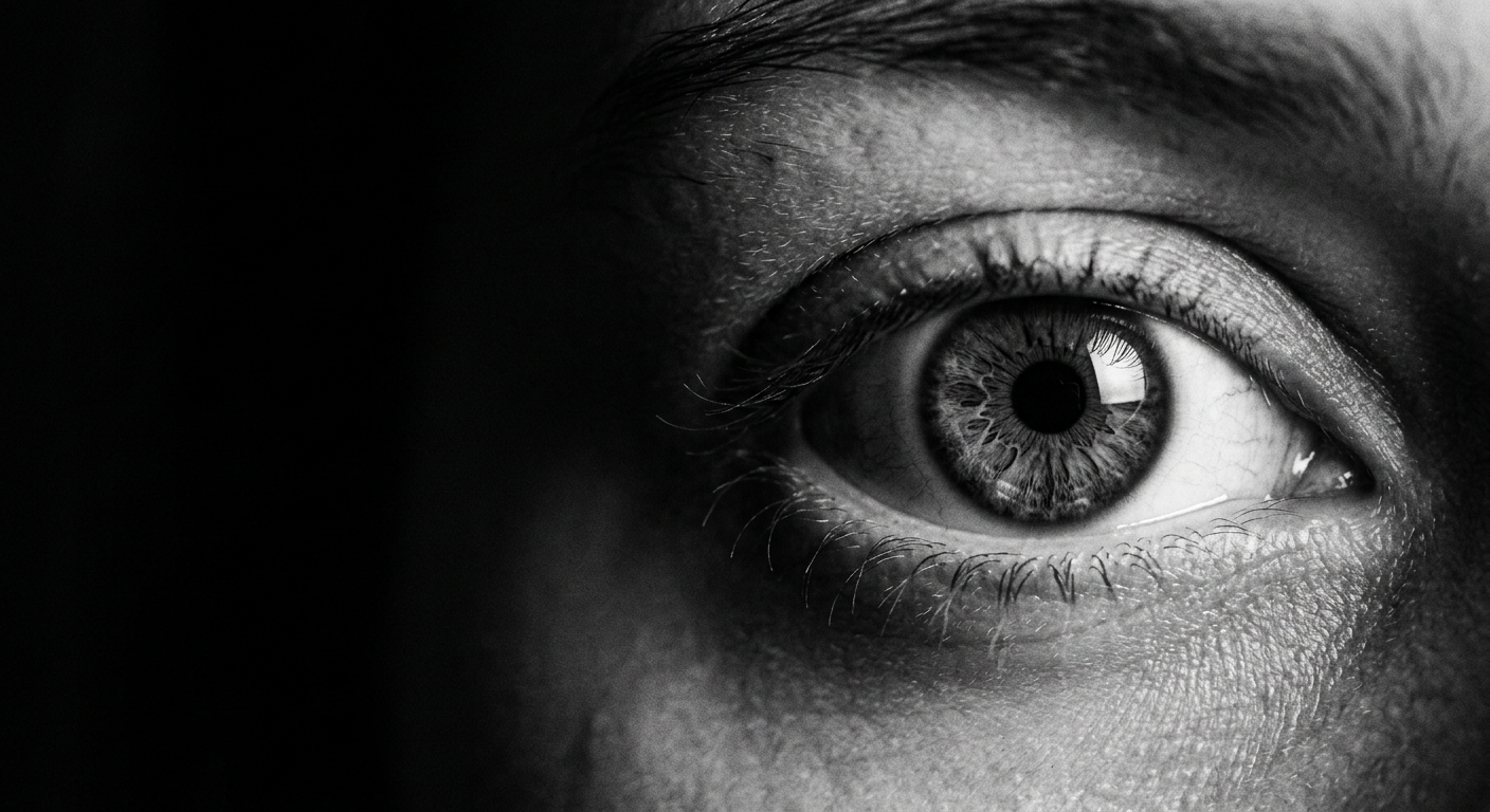 A single human eye in sharp detail, the rest of the frame falling into shadow.